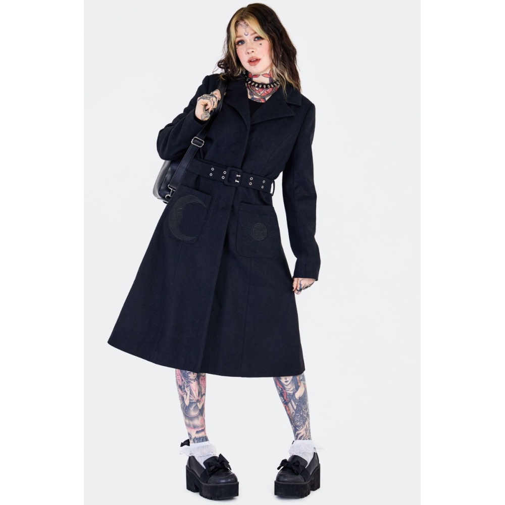 Jawbreaker - Sun And Moon Embroidered Belted Coat - Black